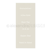 Hellbeige Alexandra Renke Karte mit weißen deutschen und englischen Sprüchen wie "Gratulation!" und "Happy End" - perfekt für Schablone Papierprojekte oder wiederverwendbare kreative Schablonen-Bastelprojekte.