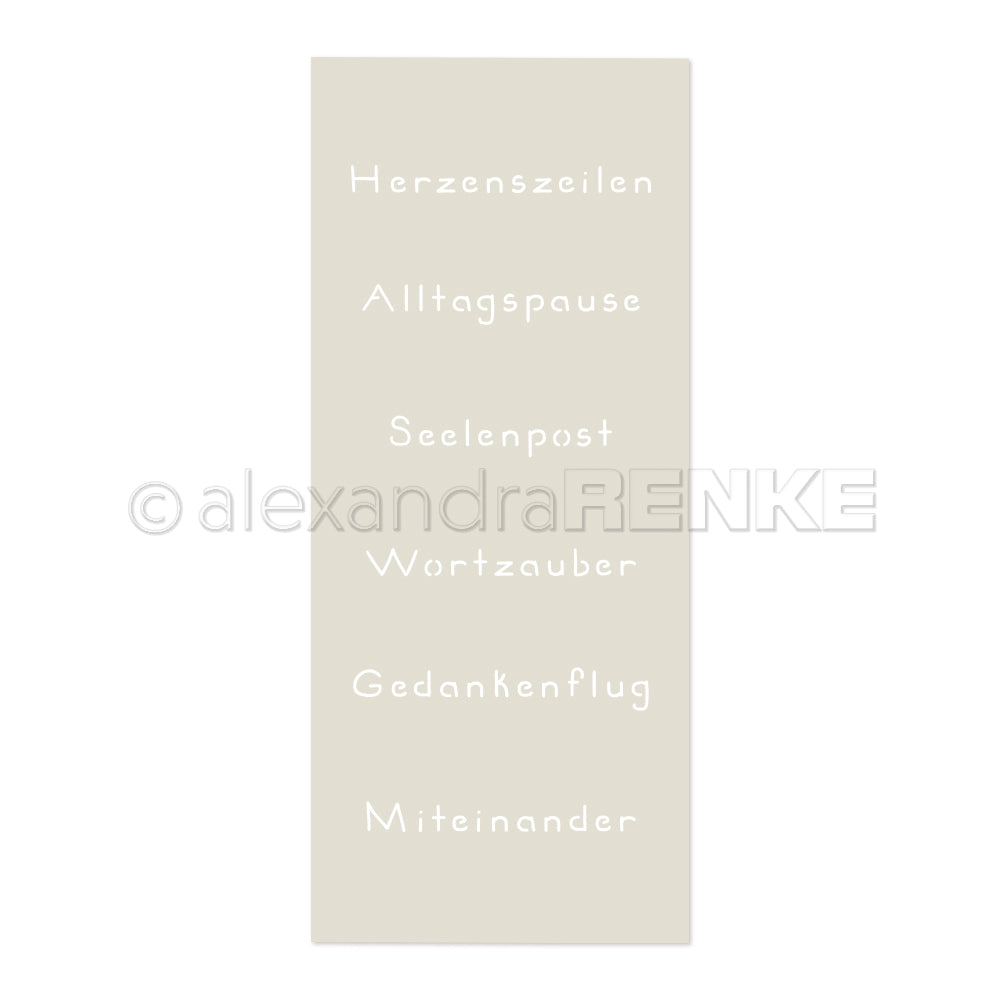 Beigefarbenes Alexandra Renke Lesezeichen mit deutschen Wörtern: Herzenszeilen, Alltagspause, Seelenpost, Wortzauber, Gedankenflug, Miteinander-perfekt für Papierprojekte oder zur Verwendung mit wiederverwendbaren Schablonen.
