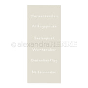 Beigefarbenes Alexandra Renke Lesezeichen mit deutschen Wörtern: Herzenszeilen, Alltagspause, Seelenpost, Wortzauber, Gedankenflug, Miteinander-perfekt für Papierprojekte oder zur Verwendung mit wiederverwendbaren Schablonen.