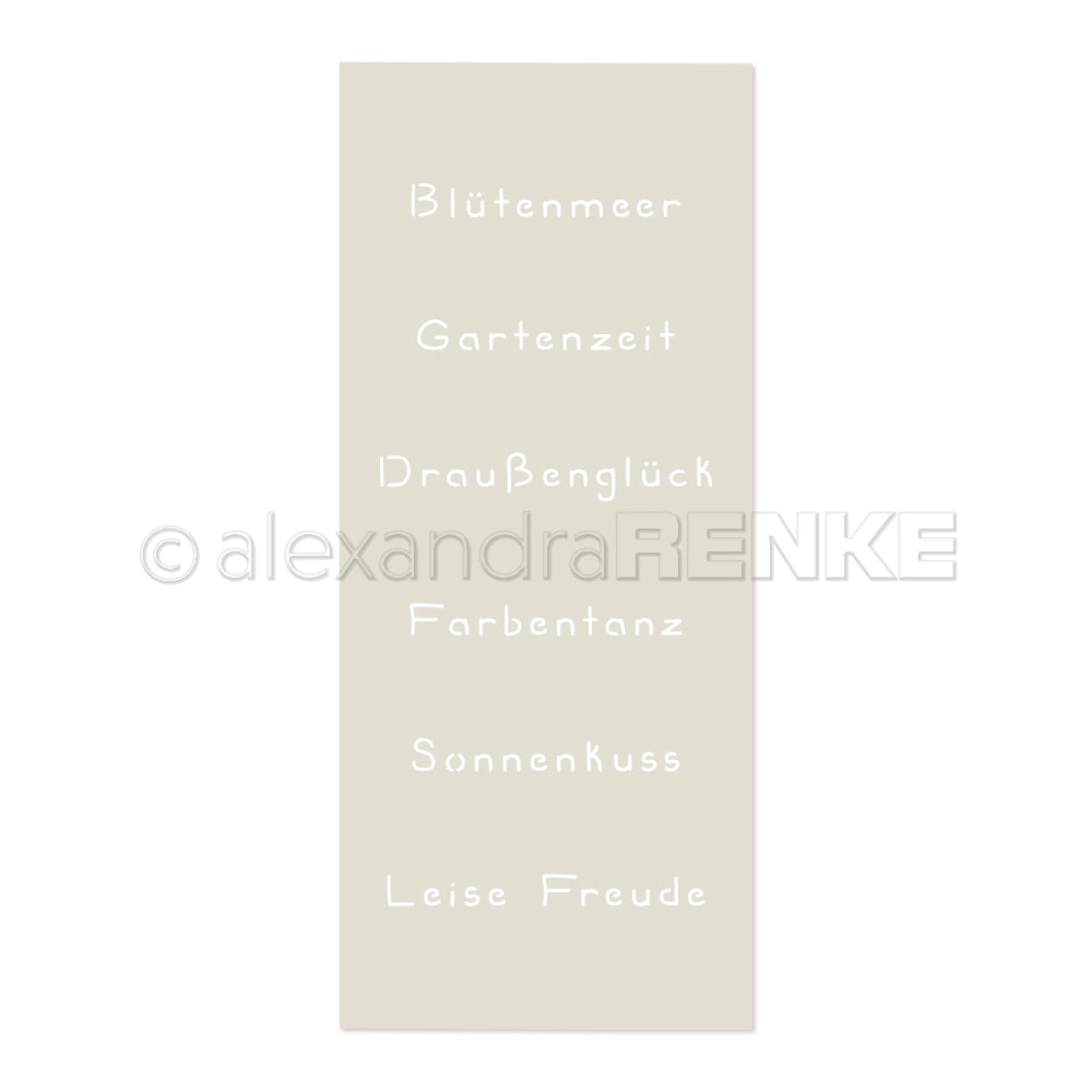 Beige Karte von Alexandra Renke mit weißen deutschen Wörtern: Blütenmeer, Gartenzeit, Draußenglück, Farbentanz, Sonnenkuss, Leise Freude. Perfekt als Schablone oder wiederverwendbar für kreative Gartenzeit-Projekte.