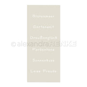 Beige Karte von Alexandra Renke mit weißen deutschen Wörtern: Blütenmeer, Gartenzeit, Draußenglück, Farbentanz, Sonnenkuss, Leise Freude. Perfekt als Schablone oder wiederverwendbar für kreative Gartenzeit-Projekte.