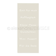 Beiger, wiederverwendbarer Bookmark von Alexandra Renke mit deutschem Text: Zeit für mich, Kaffeeglück, Kleine Pause, Durchatmen, Mini Auszeit, Für die Seele - inspiriert vom Stencil Kaffeeglück.