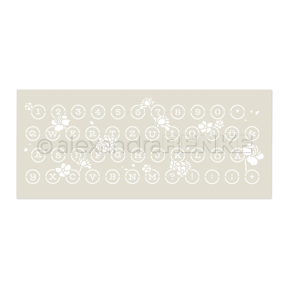 Beigefarbene Schablone von Alexandra Renke mit weißen Buchstaben, Zahlen und floralen, von Schreibmaschinen inspirierten Motiven, die im Stil einer Schreibmaschinentaste angeordnet sind.