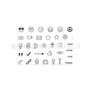 Ein Bogen mit schwarz-weißen Emoji-Icons und -Symbolen - Gesichter, Herzen, Getränke, Wörter wie "cool" und "happy" - ideal als Clear Stamp Set für kreative Projekte von Alexandra Renke.