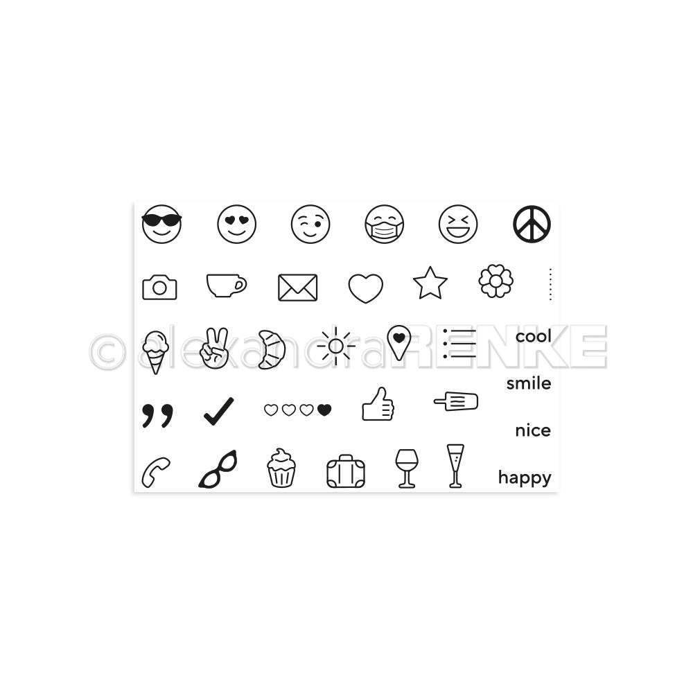 Ein Bogen mit schwarz-weißen Emoji-Icons und -Symbolen - Gesichter, Herzen, Getränke, Wörter wie "cool" und "happy" - ideal als Clear Stamp Set für kreative Projekte von Alexandra Renke.