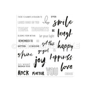 Schwarze und weiße Motivationsworte wie Lächeln, Freude und Glücklich sein in verschiedenen Schriftarten von Alexandra Renke - perfekt zum Basteln mit einem Photopolymer-Stempel oder zum Aufwerten von Projekten mit einem Clear Stamp Set.