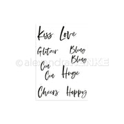 Handgeschriebene Wörter - Kiss, Love, Glitzer, Bling Bling, Cin Cin, Huge, Cheers, Happy - erscheinen auf einem weißen Hintergrund. Perfekt zum Basteln mit jedem Alexandra Renke Clear Stamp Set oder Photopolymer Stempel Projekten.