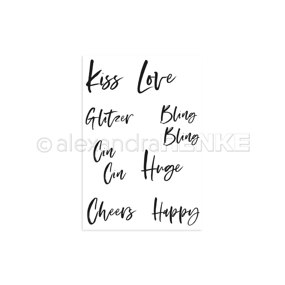 Handgeschriebene Wörter - Kiss, Love, Glitzer, Bling Bling, Cin Cin, Huge, Cheers, Happy - erscheinen auf einem weißen Hintergrund. Perfekt zum Basteln mit jedem Alexandra Renke Clear Stamp Set oder Photopolymer Stempel Projekten.