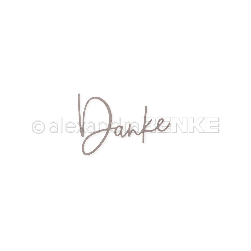 Das Wort "Danke" in eleganter Schreibschrift auf Weiß, ideal für Alexandra Renke Designpapiere mit einer Motivstanze oder zur Verwendung mit Dies in kreativen Projekten.