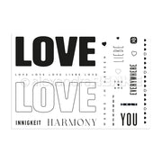 Schwarz-weiße Collage von Alexandra Renke mit "Love", "Harmony", "You", "Everywhere" und Herzen in verschiedenen Schriftarten - ideal zum Karten basteln oder zum Kombinieren mit Clear Stamps und Photopolymer Stempel für kreative Projekte.
