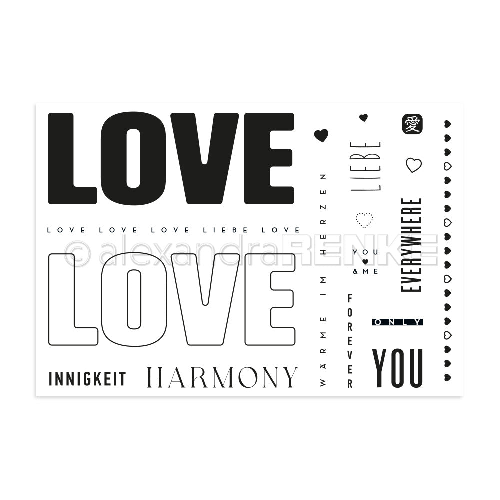 Schwarz-weiße Collage von Alexandra Renke mit "Love", "Harmony", "You", "Everywhere" und Herzen in verschiedenen Schriftarten - ideal zum Karten basteln oder zum Kombinieren mit Clear Stamps und Photopolymer Stempel für kreative Projekte.