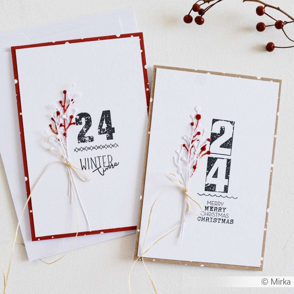 Zwei handgefertigte Weihnachtskarten von Alexandra Renke zeigen Gebrochene Zahlen, festliche Zweigakzente und einzigartige Motive, die mit einer Schnur auf weißem Hintergrund zusammengebunden sind - eine bezaubernde Note, die mit einem klaren Stempelset für zusätzliche Details geschaffen wurde.