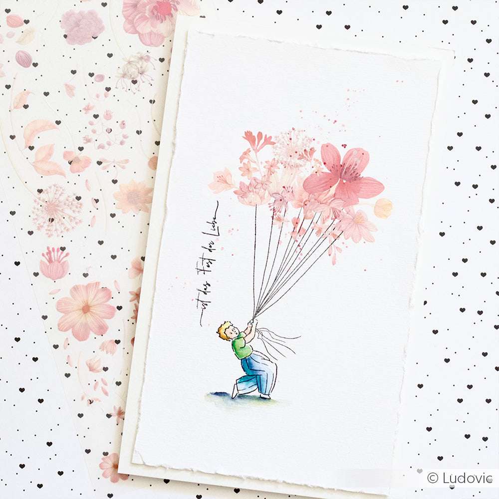 Ein Kind schwebt mit rosafarbenen Blumenballons auf einer weißen Karte von Alexandra Renke vor einem Hintergrund mit Blumen- und Herzmustern - ideal zum Dekorieren mit Clear Stamps oder Ihren Lieblings-Photopolymerstempeln.