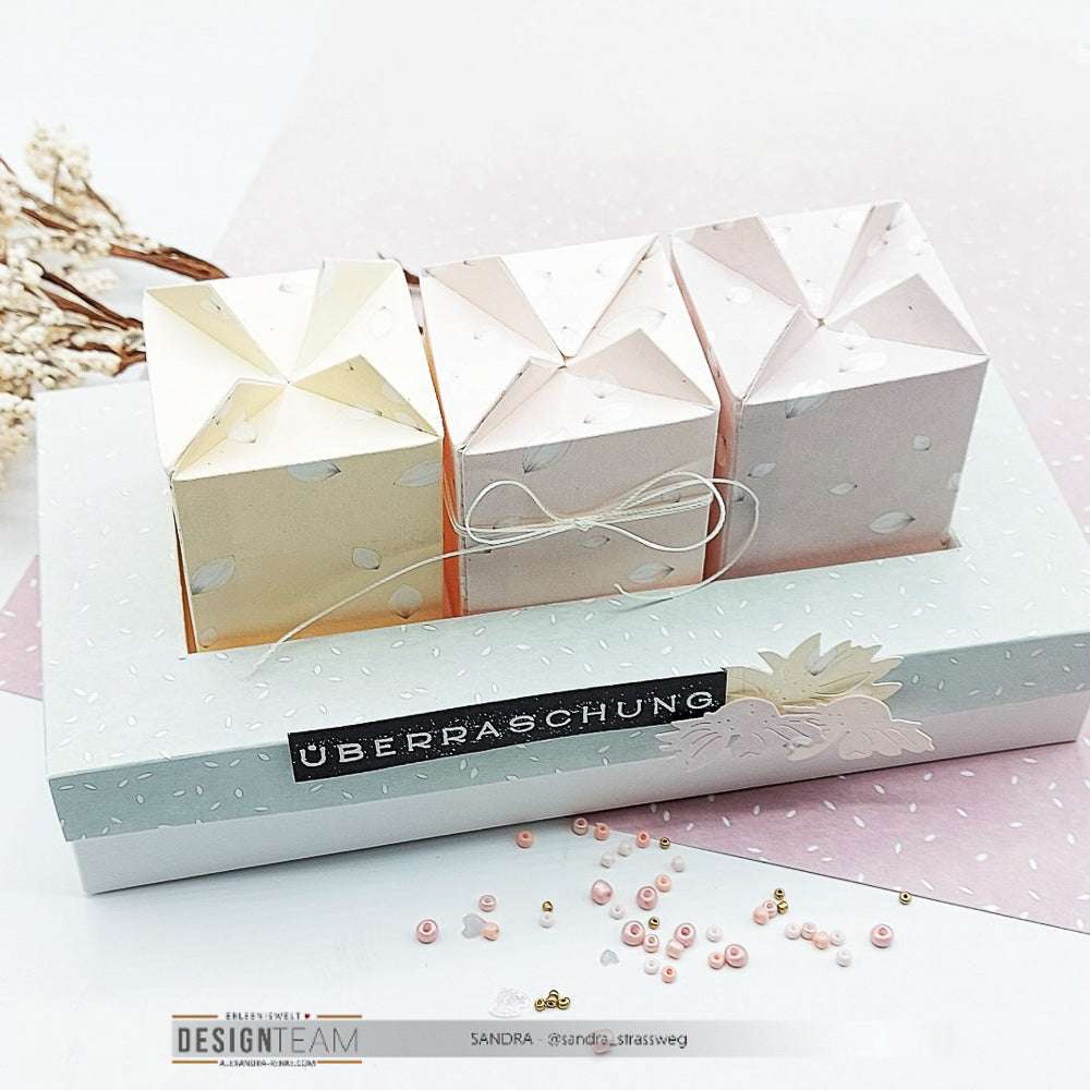 Drei pastellfarbene Geschenkboxen auf einem weißen Tablett mit ÜBERRASCHUNG-Etikett und dekorativen Akzenten, mit Alexandra Renke Bastelzubehör und Clear Stamps für einen charmanten, handgefertigten Look.