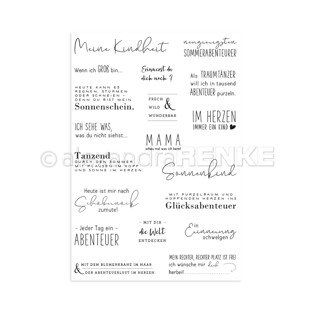 Ein Set mit Zitaten aus der deutschen Kindheit und "Meine Kindheit" in verschiedenen Schriftarten auf Weiß - ideal für die Kartengestaltung mit Ihrem Lieblings-Klarsichtstempelset von Alexandra Renke.