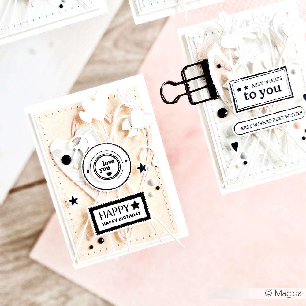 Zwei handgefertigte Alexandra Renke-Grußkarten mit übereinanderliegenden weißen und beigen Motiven, mit Herzen und "Happy Birthday"-Wünschen, gestempelt mit Photopolymer für scharfe Details.