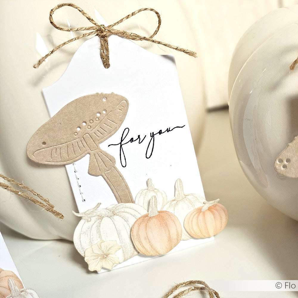 Geschenkanhänger von Alexandra Renke mit einem Pilz, Kürbissen und dem Text "Für dich", gebunden mit Schnur neben weißen Kürbissen. Perfekt für die Kombination mit Ihren Lieblingsmotiven von Clear Stamp oder Stempelkissen für eine charmante handgemachte Note.