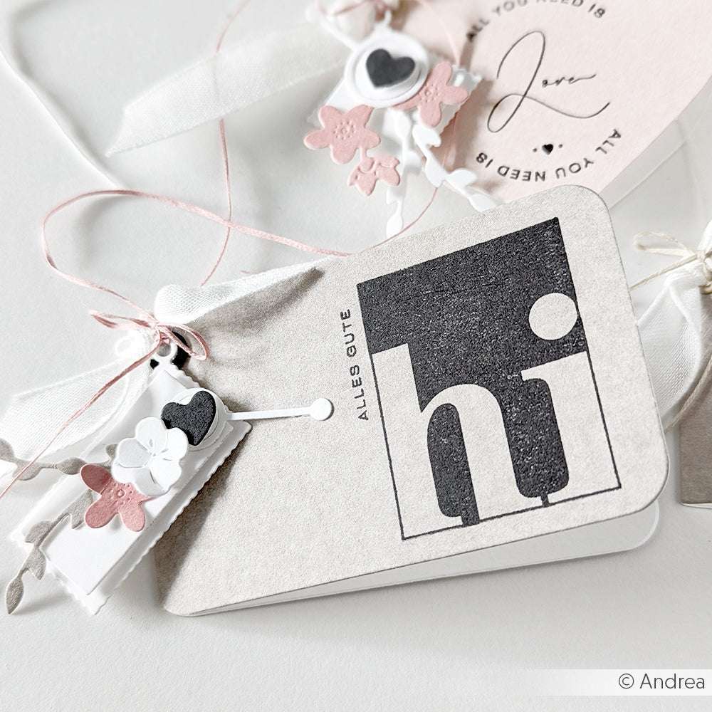 Eine handgefertigte Karte von Alexandra Renke mit "Hallo" und rosa, weißen und schwarzen Blumen auf weißem Hintergrund, hergestellt mit Photopolymer-Stempeln für klare, klare Designs.