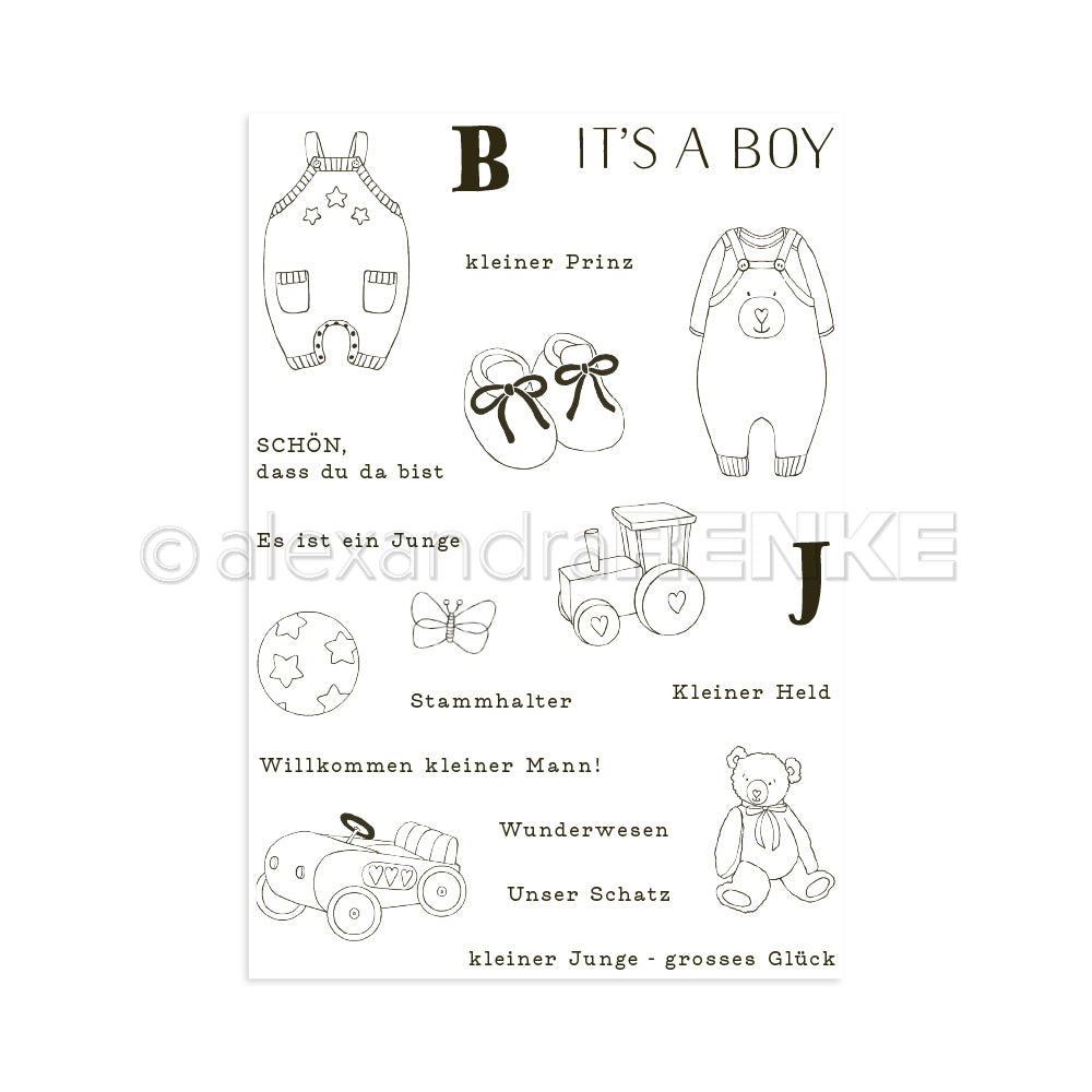 Schwarz-weiße Illustration von Babyartikeln mit deutschen Sprüchen, die die Geburt eines kleinen Jungen ankündigen - ideal für einzigartige Karten mit Alexandra Renke's Clear Stamp oder Photopolymer Stempel.
