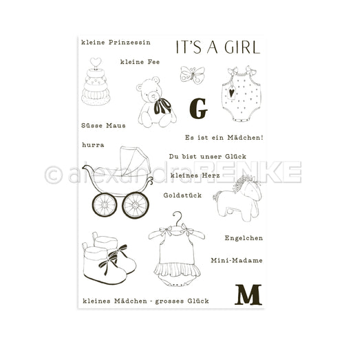 Bezaubernde Baby-Mädchen-Kritzeleien mit deutschen und englischen Sätzen wie "It's a girl" sowie Kleidung, Spielzeug und Schuhe. Perfekt für Clear Stamp oder Photopolymer Stempel Projekte von Alexandra Renke.