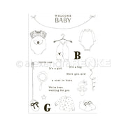 Minimalistische Illustration zum Thema Baby von Alexandra Renke mit Kleidung, Spielzeug, Schuhen und Sätzen wie "Welcome Baby" und "It's a girl" - perfekt für Clear Stamp oder Photopolymer Stempel Designs wie Komposition Welcome Baby.