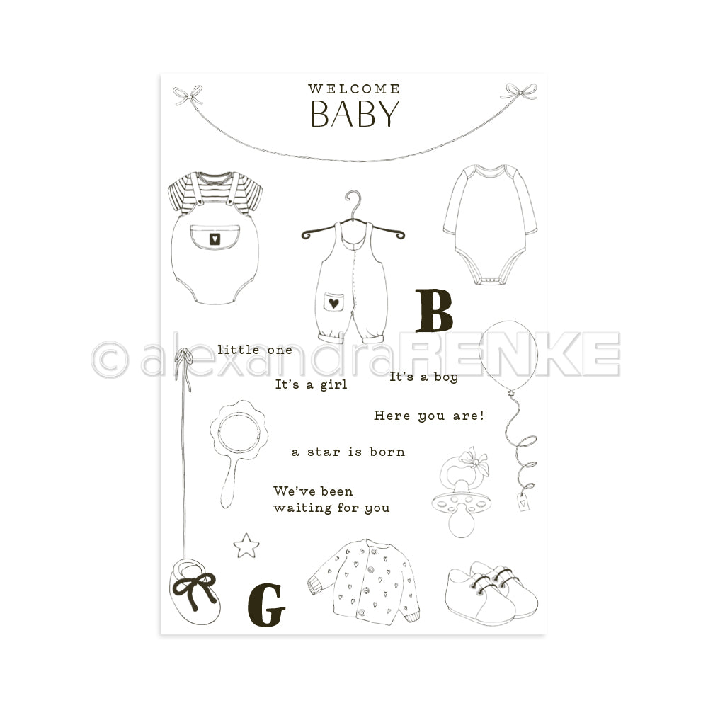Minimalistische Illustration zum Thema Baby von Alexandra Renke mit Kleidung, Spielzeug, Schuhen und Sätzen wie "Welcome Baby" und "It's a girl" - perfekt für Clear Stamp oder Photopolymer Stempel Designs wie Komposition Welcome Baby.