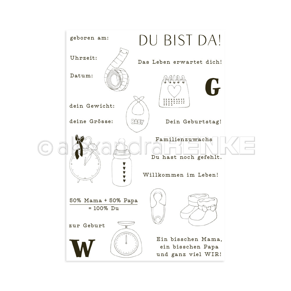 Schwarz-weiße Karte zur Geburtsanzeige mit Kritzeleien zum Thema Baby, Begrüßungstext und charmanten Akzenten mit Stempelmotiven von Alexandra Renke.