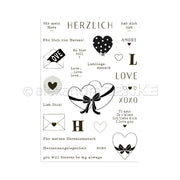 Bogen mit Wörtern, Herzen, Umschlägen und dekorativen Elementen zum Thema Liebe in Schwarz und Weiß - ideal für kreative Projekte mit Alexandra Renke's Komposition Herzlich Clear Stamp oder Photopolymer Stempel Sets.
