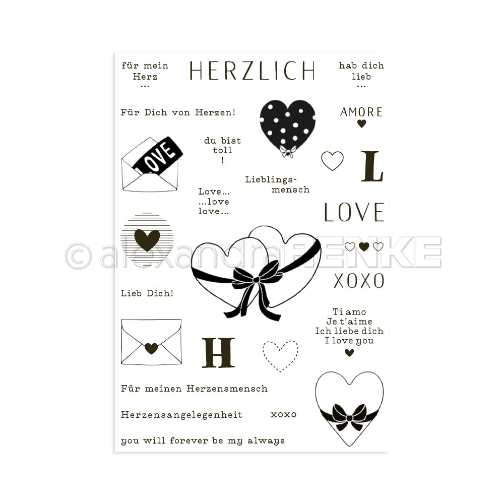 Bogen mit Wörtern, Herzen, Umschlägen und dekorativen Elementen zum Thema Liebe in Schwarz und Weiß - ideal für kreative Projekte mit Alexandra Renke's Komposition Herzlich Clear Stamp oder Photopolymer Stempel Sets.