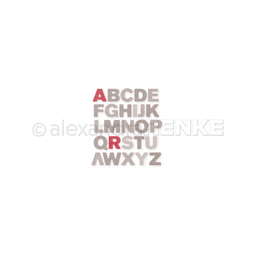 Die Buchstaben des Alphabets sind in vier Reihen angeordnet; A und R sind rot hervorgehoben, der Rest ist grau. Ideal für kreative Bastelprojekte mit Alexandra Renke Produkten oder in Kombination mit Designpapieren und Stanzen.