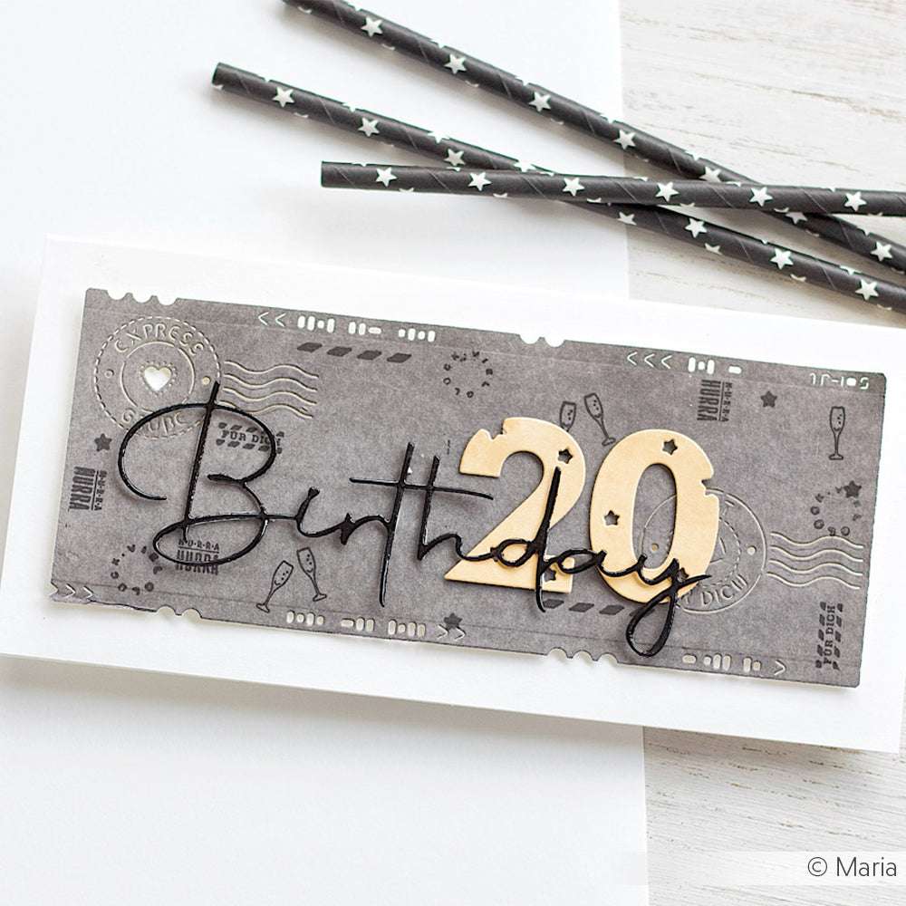 Graue Geburtstagskarte mit dem Text "Birthday 20", erstellt mit Alexandra Renke Designpapiere und Motivstanze Zahlen mit Sternen, neben drei schwarzen Strohhalmen mit weißen Sternen.