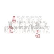Umrandetes Alphabet mit den Buchstaben A, R und & in kräftigem Rot; die übrigen Buchstaben sind grau auf weißem Hintergrund. Ideal zur Verwendung mit Designpapieren von Alexandra Renke oder Stanzsystemen – zum Beispiel als Motivstanze „Konturbuchstaben“ in kreativen Projekten.