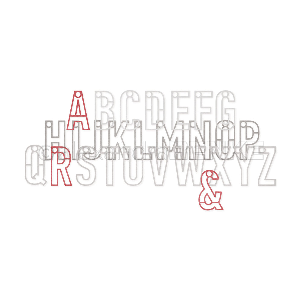 Umrandetes Alphabet mit den Buchstaben A, R und & in kräftigem Rot; die übrigen Buchstaben sind grau auf weißem Hintergrund. Ideal zur Verwendung mit Designpapieren von Alexandra Renke oder Stanzsystemen – zum Beispiel als Motivstanze „Konturbuchstaben“ in kreativen Projekten.