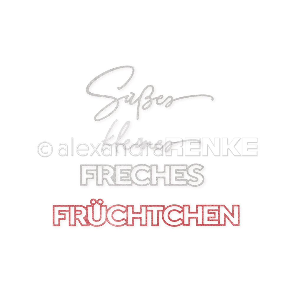 Handgeschriebener und fetter Text "Süßes kleines FRECHES FRÜCHTCHEN" von Alexandra Renke auf weißem Hintergrund - perfekt für Designpapiere oder als Motivstempel für DieCut-Systeme.