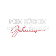Der Text MEIN KÜCHEN Geheimnis in grauer und roter Schrift auf weißem Hintergrund von Alexandra Renke ist ideal für die Motivstanze oder für Ihre kreativen DieCut Systeme Projekte.