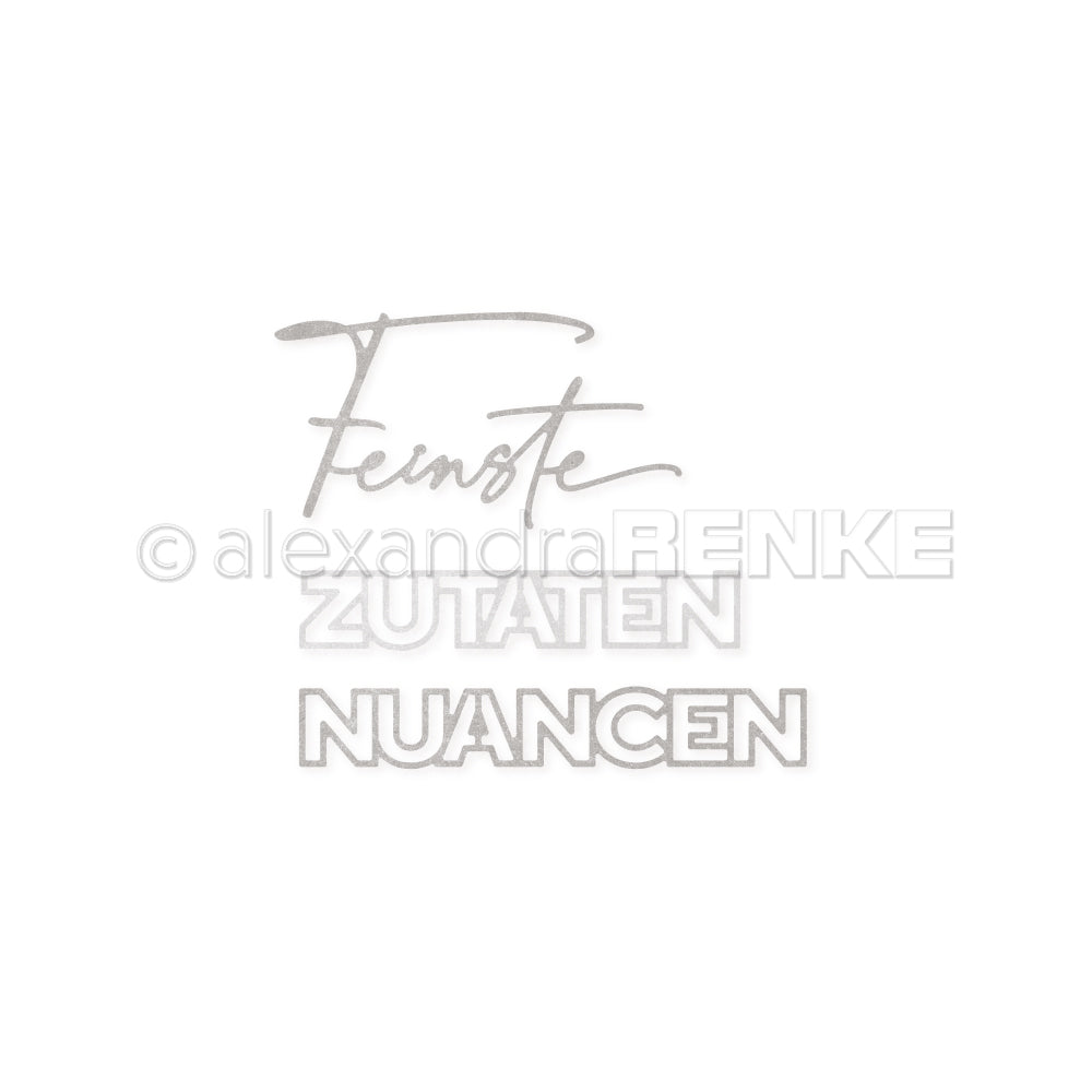 Das Bild zeigt die Worte Fernste, Zutaten und Nuancen in verschiedenen Schriftarten auf weißem Hintergrund - ideal für die Verwendung mit Alexandra Renke Motivstanze oder DieCut Systemen beim Basteln mit Designpapieren.