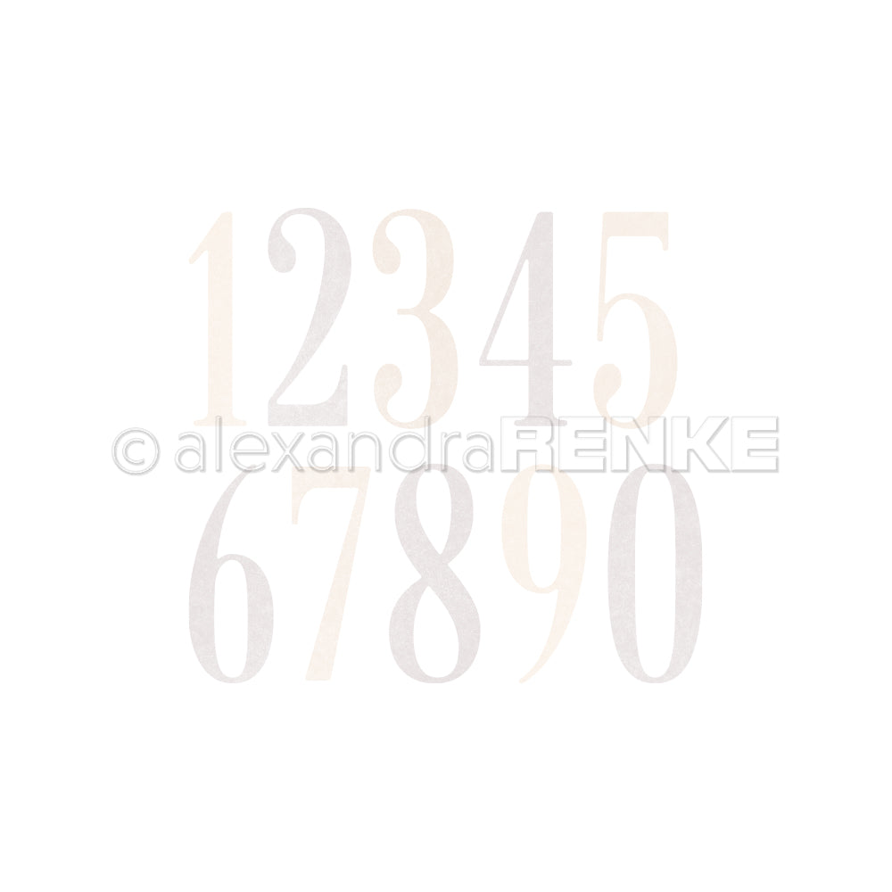 Große Serifen-Zahlen 0-9 in hellen Tönen auf Weiß, ideal für Alexandra Renke Motivstanze Große Serifen-Zahlen oder zum Mischen mit Designpapieren in kreativen DieCut Systemen.