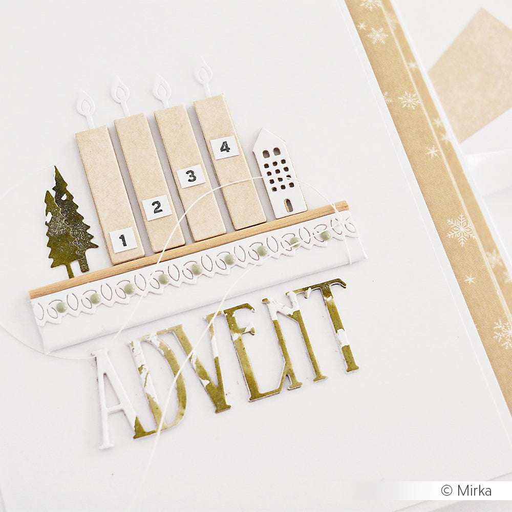 Handgefertigte Adventskarte von Alexandra Renke mit gestanzten Systemkerzen (1-4), einem Baum, einem Haus und dem fetten grün-weißen Text "ADVENT" aus hochwertigen Designpapieren.