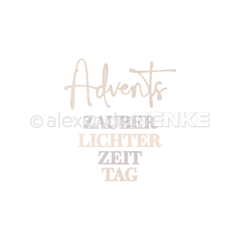 Text Adventszauber Lichterzeit Tag von Alexandra Renke in zartem Beige und Grau auf Weiß, gestaltet mit der Motivstanze Adventszauber. Ideal für kreative Projekte mit Stanzen für Designpapier.