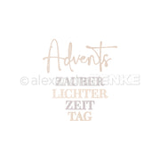 Text Adventszauber Lichterzeit Tag von Alexandra Renke in zartem Beige und Grau auf Weiß, gestaltet mit der Motivstanze Adventszauber. Ideal für kreative Projekte mit Stanzen für Designpapier.