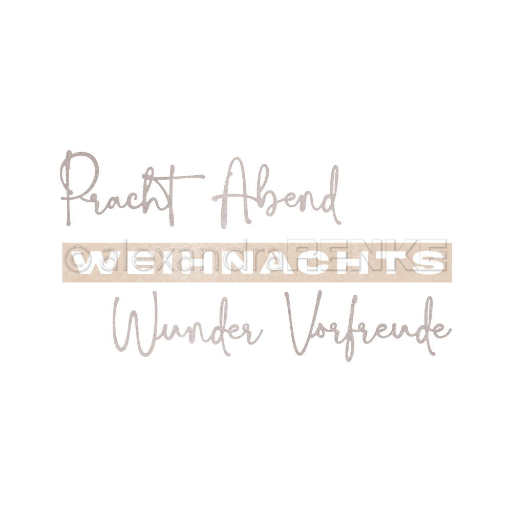 Text in Deutsch: Pracht Abend weihnachts Wunder Vorfreude auf weißem Hintergrund, gestaltet mit Designpapieren und Motivstanze Weihnachtswunder von Alexandra Renke.