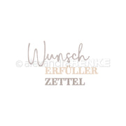 Der Schriftzug "Wunsch ERFÜLLER ZETTEL" erscheint auf einem schlichten weißen Hintergrund - ideal für kreative Projekte mit Alexandra Renke Designpapieren, Motivstanze Wunscherfüller und anderen Stanzsystemen.