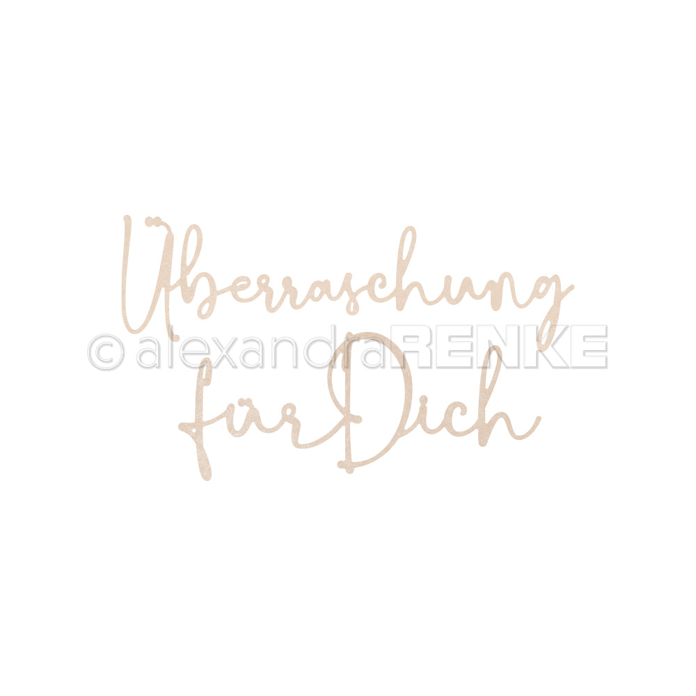 Handgeschriebener deutscher Text "Überraschung für Dich" auf weißem Hintergrund von Alexandra Renke, ideal zur Verwendung mit Designpapieren oder zur Kombination mit Ihren bevorzugten DieCut Systemen.