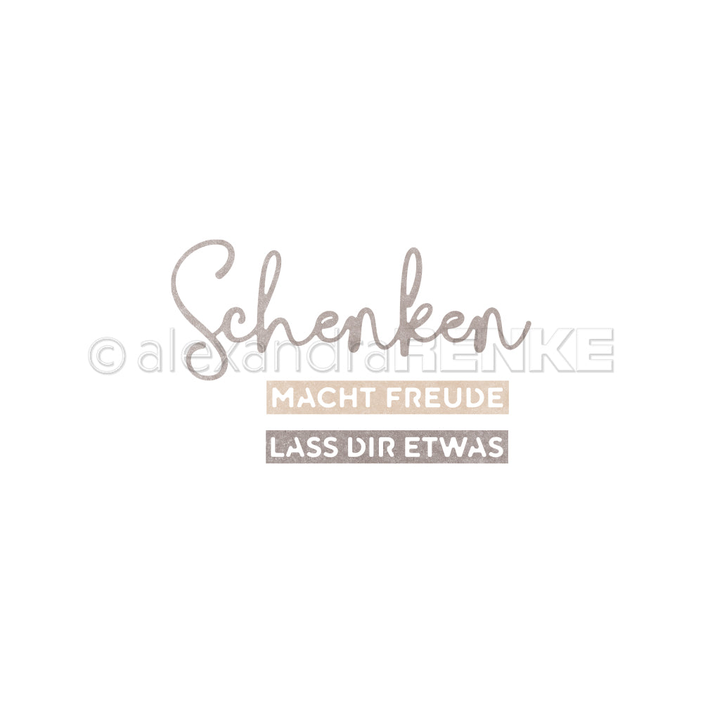Mit diesem handgeschriebenen deutschen Text von Alexandra Renke verleihen Sie Ihrem Geschenk eine besondere Note: "Schenken macht Freude lass dir etwas." Ideal zum Kombinieren mit Designpapier oder Ihrer Lieblingsmotivstanze. Mit einem neutralen Hintergrund.