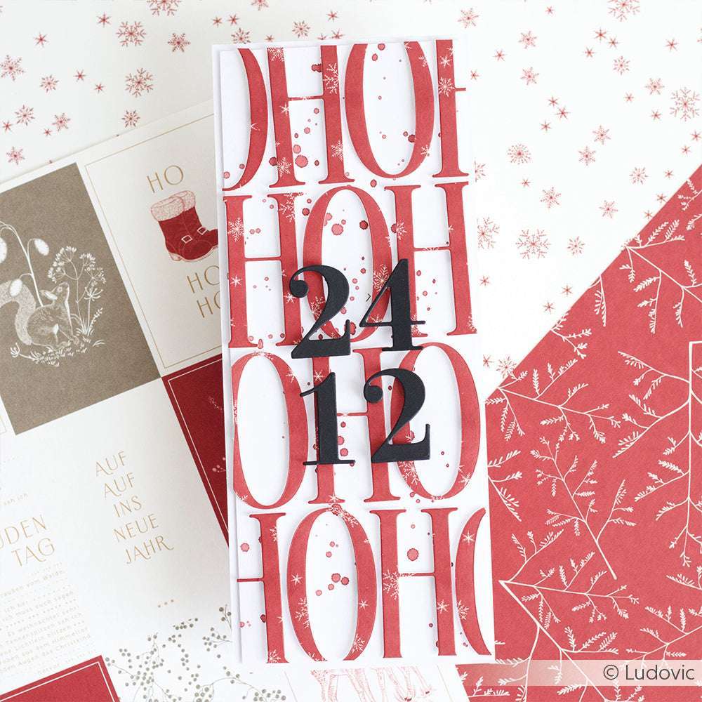 Rechteckige Karte von Alexandra Renke mit rotem HO HO HO Text und schwarzen 24, 01, 12 Zahlen. Hergestellt mit Designpapieren 200g und akzentuiert mit Motivstanze Feines Serifen-Alphabet für ein elegantes Finish.