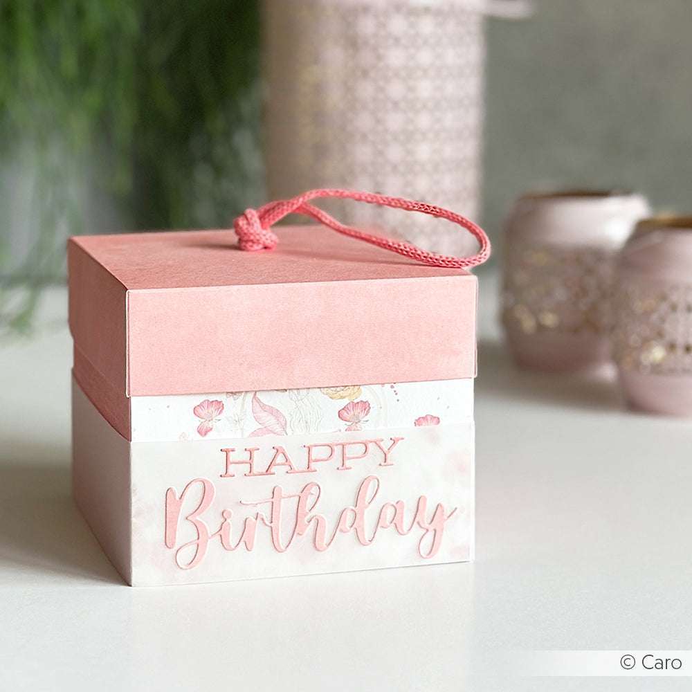 Eine rosa-weiße Geschenkbox mit dem Schriftzug "Happy Birthday" und einer rosafarbenen Kordel auf dem Deckel - wunderschön gestaltet mit der Motivstanze Happy Birthday von Alexandra Renke für ein professionelles Finish.
