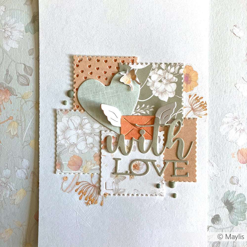 Handgefertigte Karte von Alexandra Renke mit floralen Mustern, einem Herz, einem Schmetterling, einem Umschlag und "LOVE" in dekorativen Schriftarten, hergestellt mit Motivstanzen und DieCut Systemen für ein charmantes Finish.