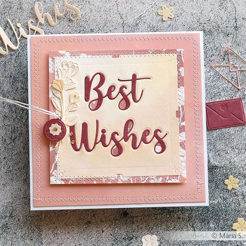 Eine handgefertigte Karte von Alexandra Renke mit "Best Wishes"-Text, floralen Details und Umschlagakzenten zeichnet sich durch exquisite Designpapiere und filigrane Elemente aus, die mit der Motivstanze Schriften-Duo gefertigt wurden.