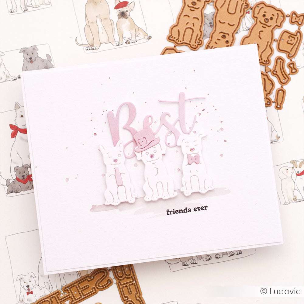 Grußkarte von Alexandra Renke mit "Best friends ever" und drei pastellfarbenen Hunden, unterlegt mit Hunde-Illustrationen und Designpapieren, veredelt mit charmanten Stanzungen aus dem Motivstanze Schriften-Duo.