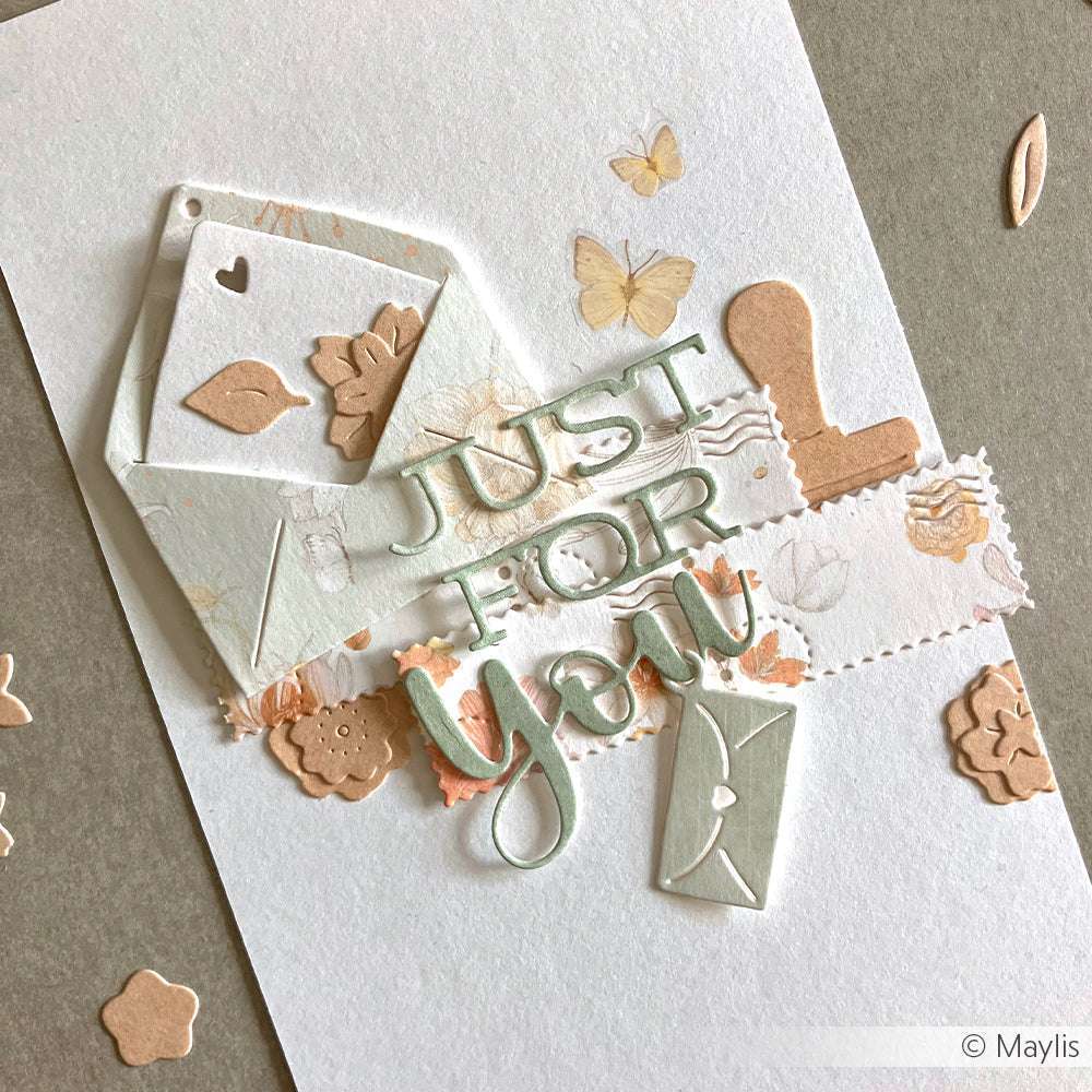 Handgemachte Karte von Alexandra Renke mit Schriften-Duo "Just for you" Text, Umschlägen, Blumen und Schmetterlingen in Beige- und Pastelltönen. Mit zarten Akzenten aus der Motivstanze.